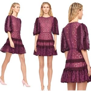 NWT Rebecca Taylor Pinwheel Eyelet Cutout Mini Ruffle Dress Plum Size 2